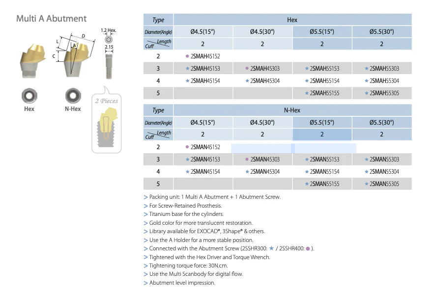 Cowellmedi MULTI A Abutments - ANGLED 15 & 30 DEGREES