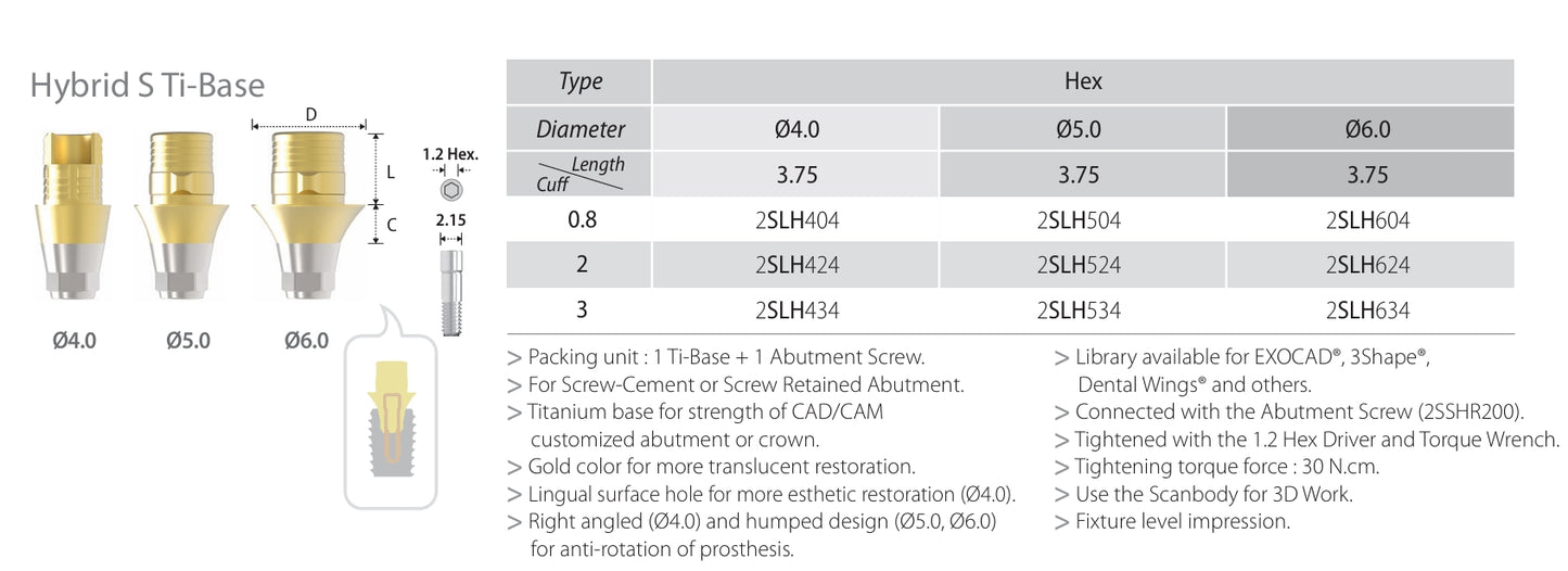 Cowellmedi Cylindrical implant abutment Sub. Hybrid S Ti-Base HEX